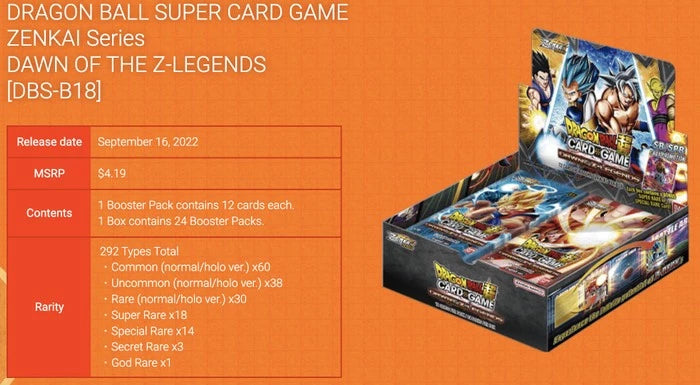 DRAGON BALL SUPER CARD GAME Dawn of the Z-Legends Booster Pack BT18 Content Box