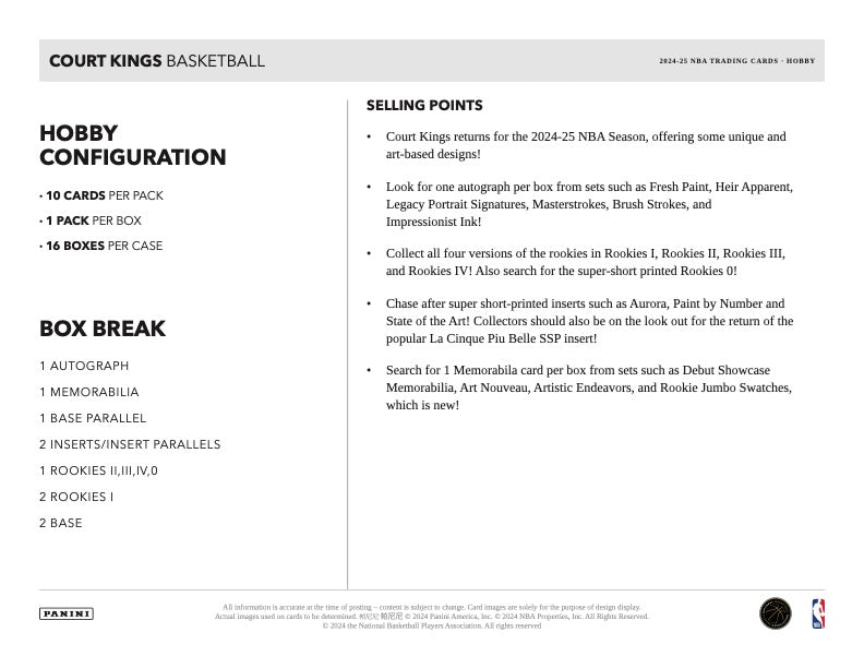 2024/25 Panini Court Kings Basketball Hobby Box Box Break