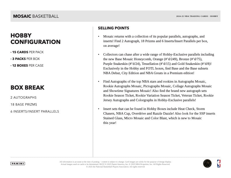2024/25 Panini Mosaic Basketball Hobby Box (3 pack per box, 15 kartu per pack) - 2 autograph per box