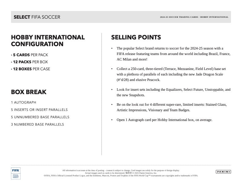 2024/25 Panini Select FIFA Soccer Hobby International Box (12 pack per box, 5 kartu per pack) - 1 autograph per box