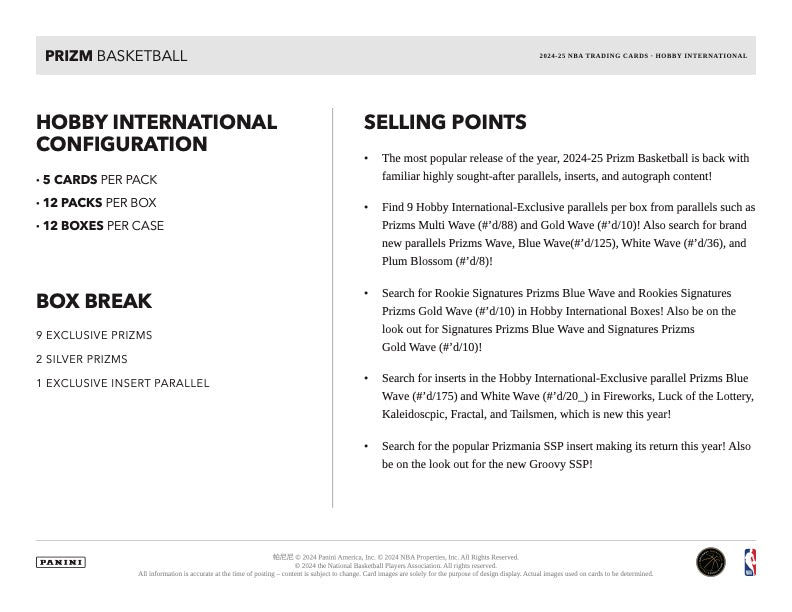 2024/25 Panini Prizm Basketball Hobby International Box (12 pack per box, 5 kartu per pack) Nimitz Cards