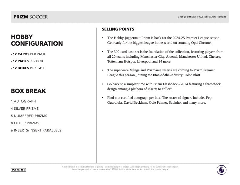 2024/25 Panini Prizm English Premier League EPL Hobby Box (12 pack per box, 12 kartu per pack) - 1 autograph per box