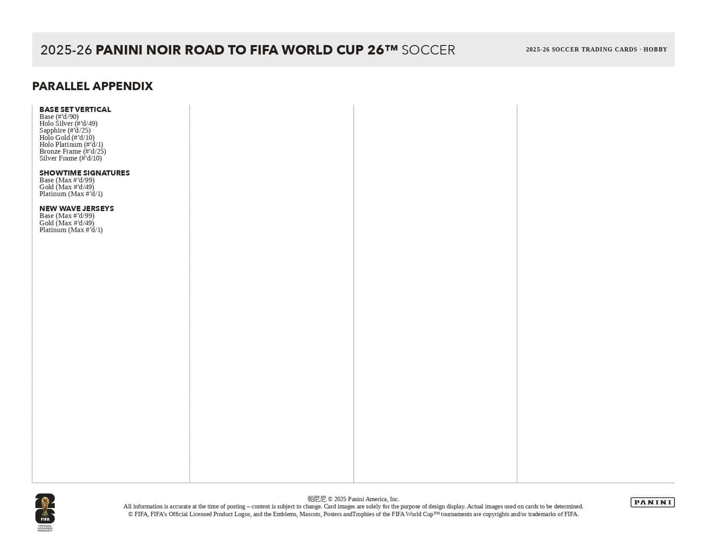 2025/26 Panini Noir Road to FIFA World Cup Hobby Box Parallel Index