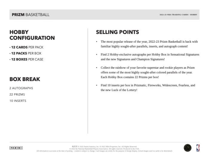 2022/23 Panini Prizm Basketball Hobby Pack Content