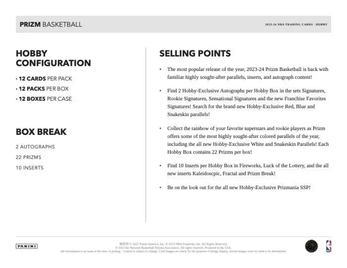 2023/24 Panini Prizm Basketball Hobby Pack Content