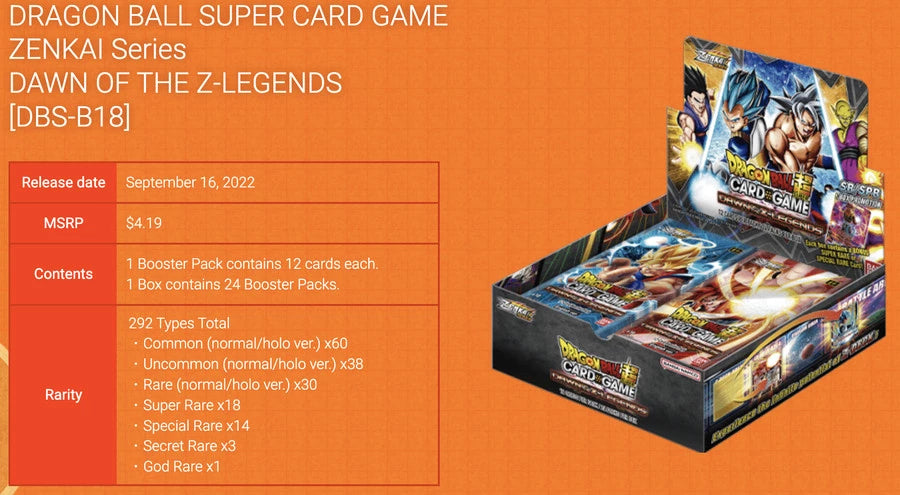 DRAGON BALL SUPER CARD GAME Dawn of the Z-Legends Booster Box BT18 Content