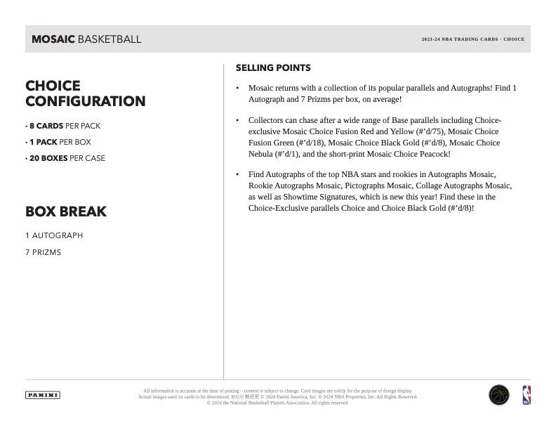 2023/24 Panini Mosaic Choice Basketball Box (8 kartu per box) - 1 autograph & 7 prizms per box