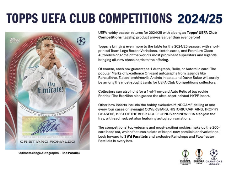 2024/25 Topps UEFA Club Competitions Hobby Box (24 pack per box, 8 kartu per pack) - 1 autograph / relic per box