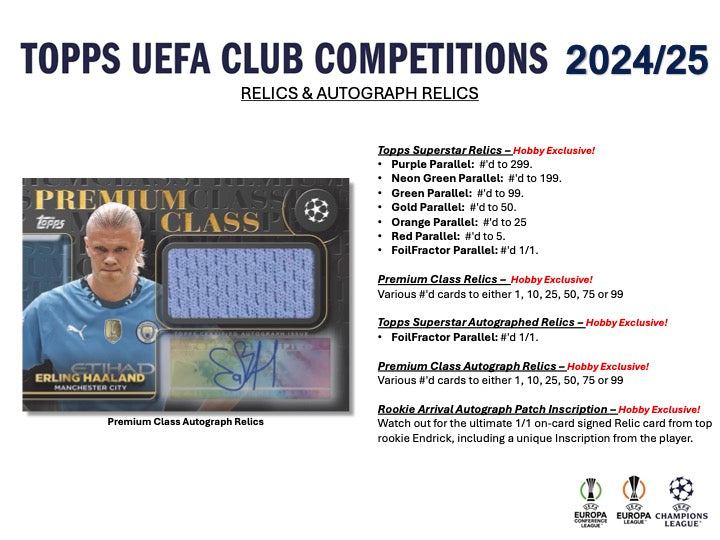 2024/25 Topps UEFA Club Competitions Hobby Box (24 pack per box, 8 kartu per pack) - 1 autograph / relic per box