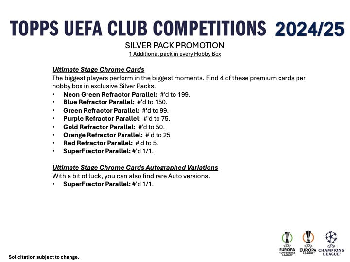 2024/25 Topps UEFA Club Competitions Hobby Box (24 pack per box, 8 kartu per pack) - 1 autograph / relic per box