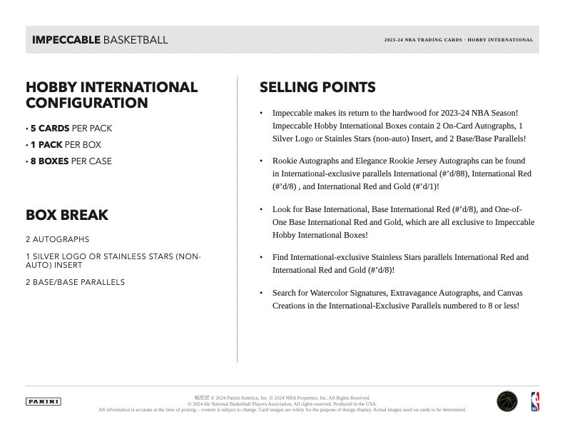 2023/24 Panini Impeccable Basketball International Hobby Box (5 kartu per box) - 2 autograph per box