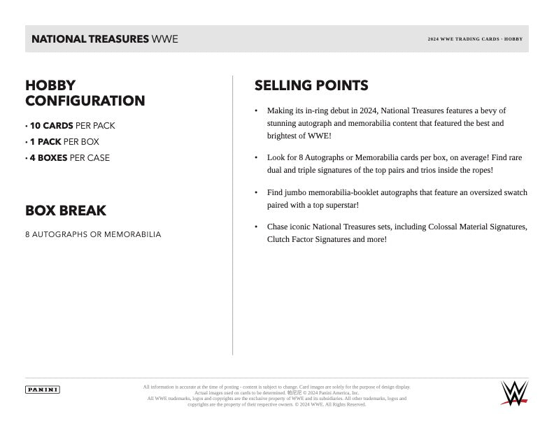 2024 Panini National Treasures WWE Hobby Box (10 kartu per box) - 8 autograph/memorabilia per box