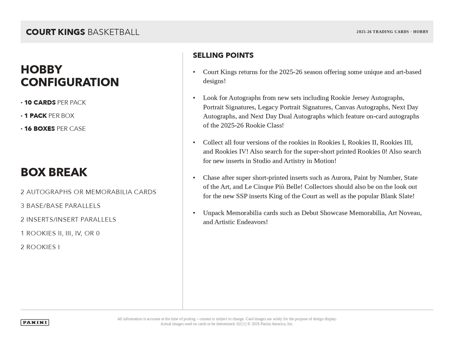 2025/26 Panini Court Kings Basketball Hobby Box Selling Points