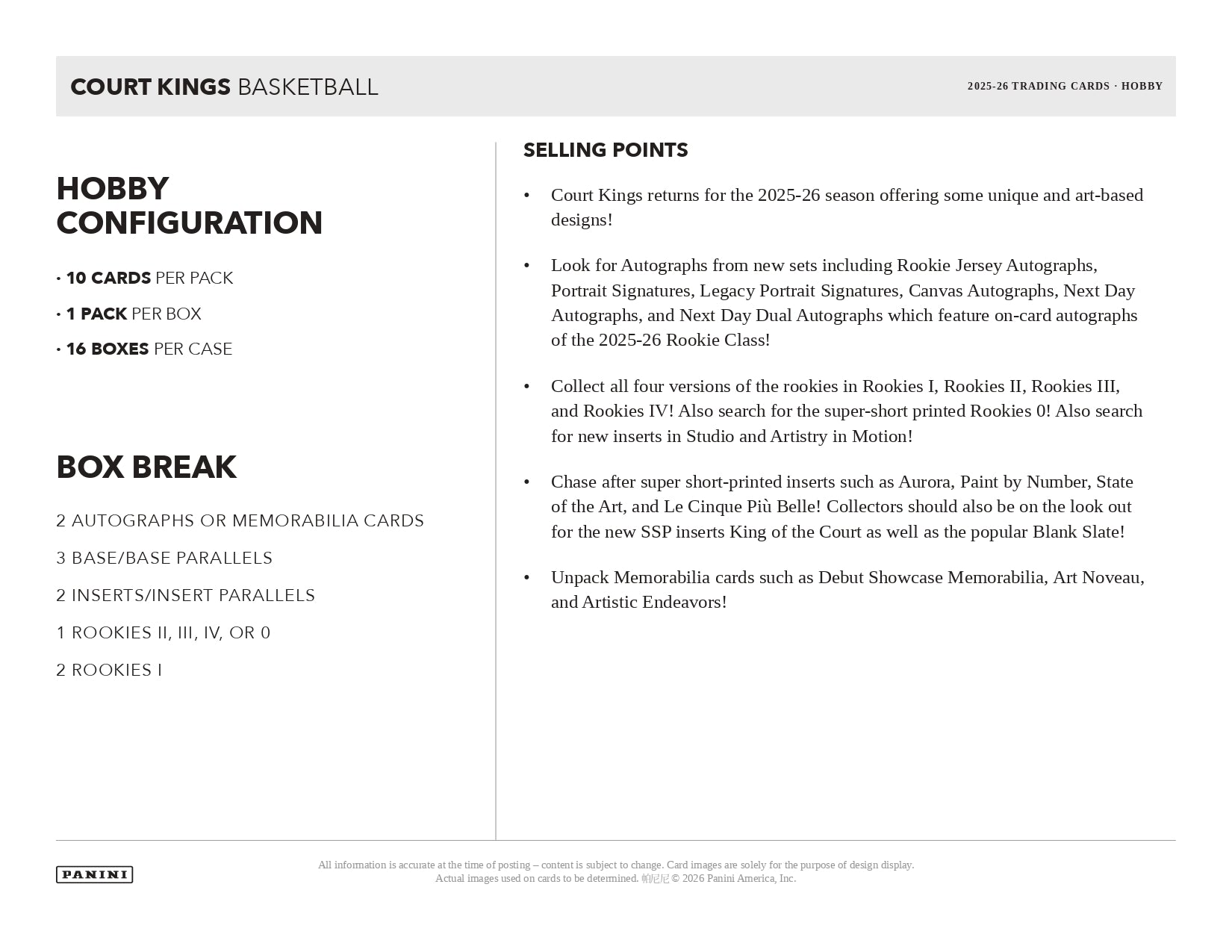 2025/26 Panini Court Kings Basketball Hobby Box Selling Points