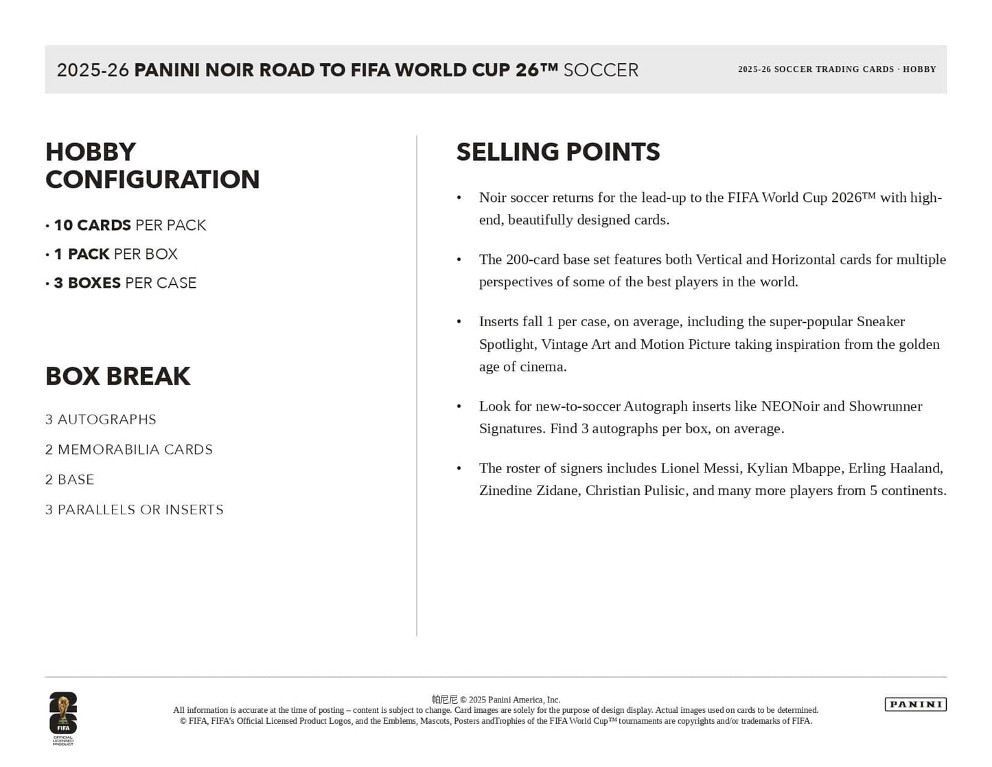2025/26 Panini Noir Road to FIFA World Cup Hobby Box Selling Points