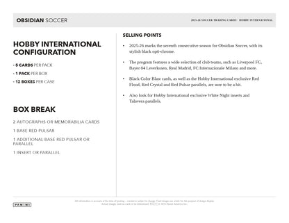 2025/26 Panini Obsidian Soccer Hobby International Selling Points