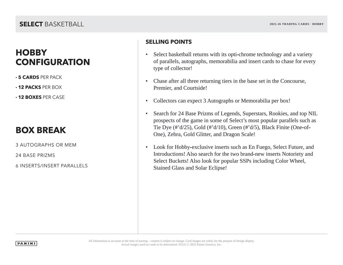 2025/26 Panini Select Basketball Selling Points