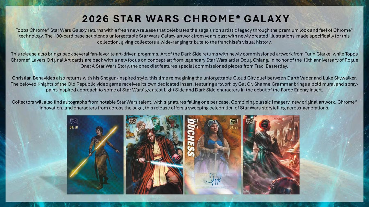 2026 Topps Star Wars Chrome Galaxy Hobby Box (4 Cards Per Pack, 18 Packs Per Box) 4 Chrome Parallels Per Box