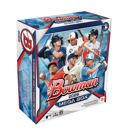 2026 Topps Bowman Baseball Mega Box (6 Packs Per Box, 7 Cards Per Pack) 2 Chrome Prospect Lazer Parallels Per Box