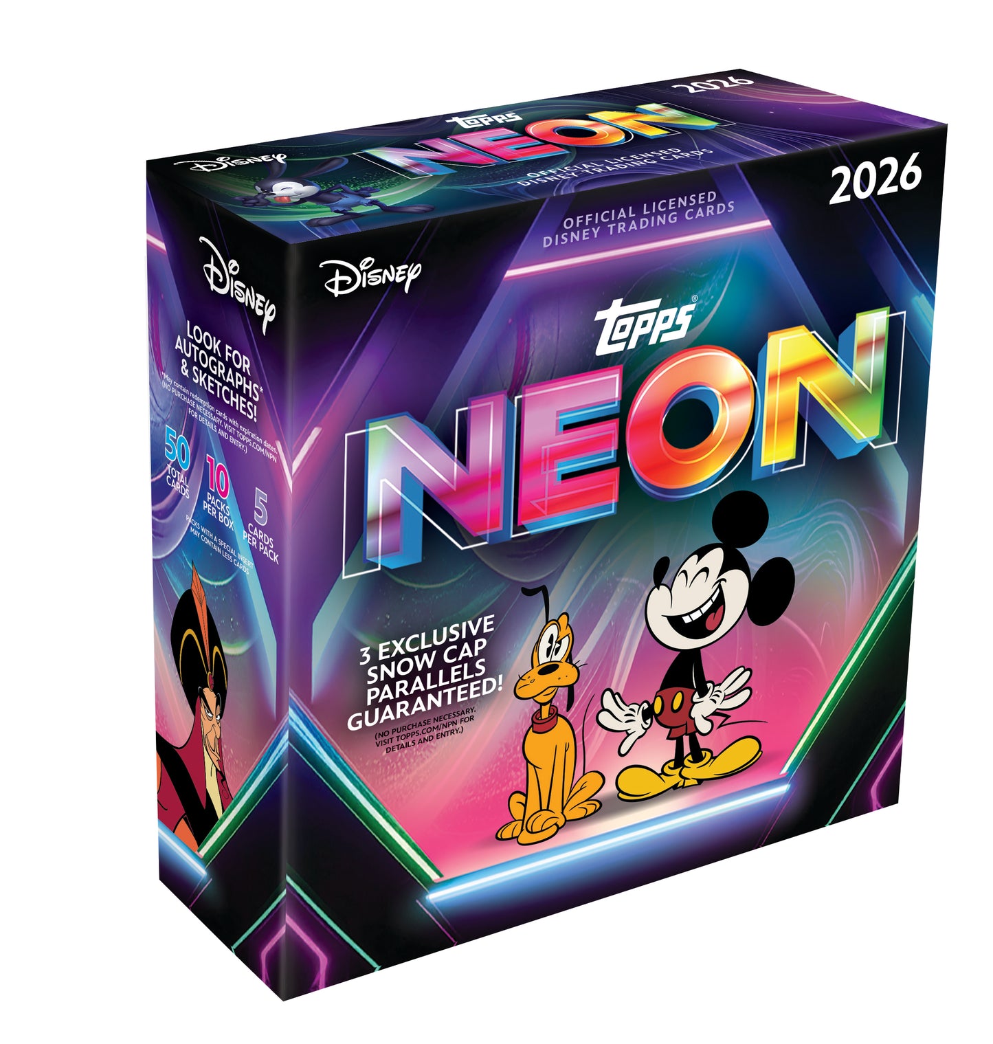 2026 Topps Disney Neon Mega Box (5 Cards Per Pack, 10 Packs Per Box) 3 Exclusive Snow Cap Parallels Per Box