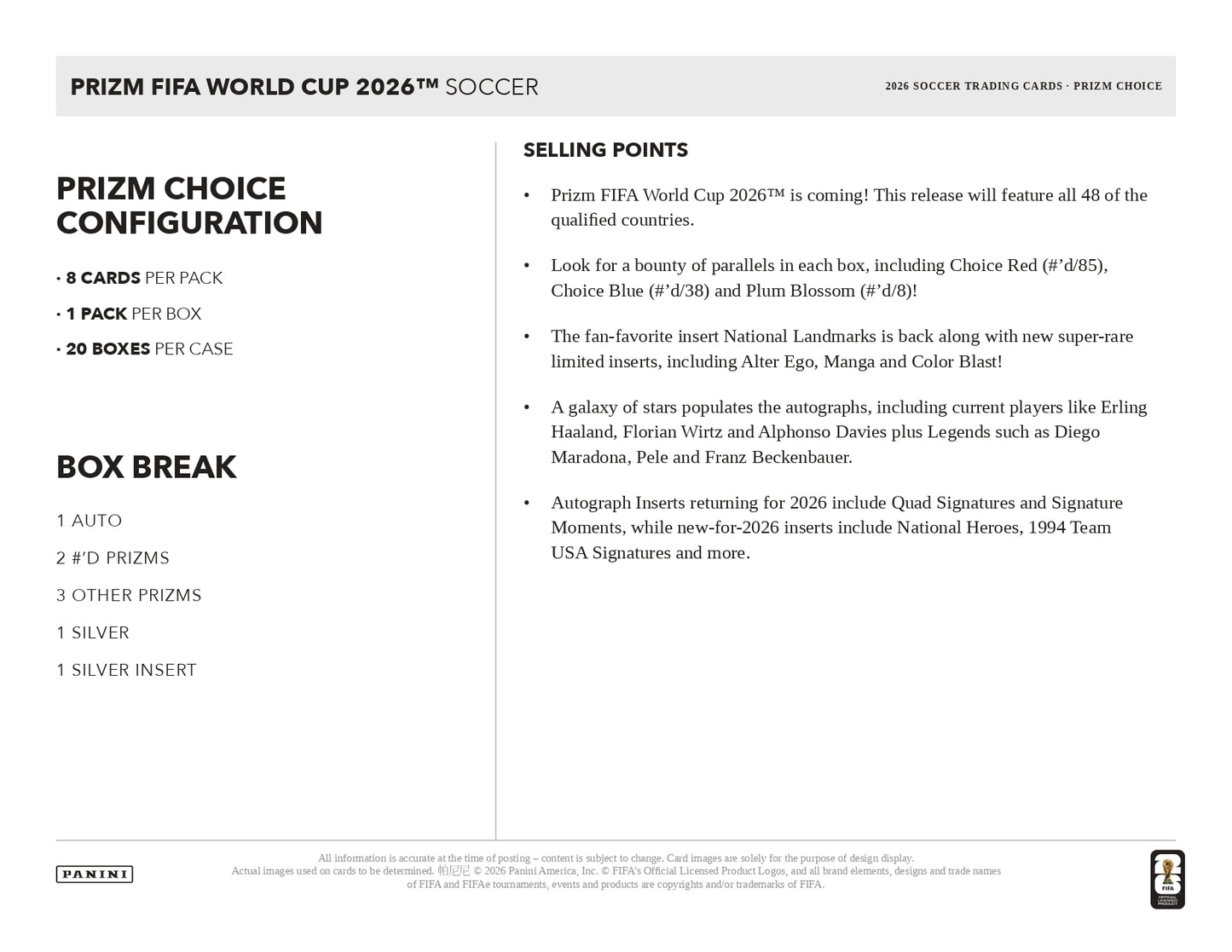 2026 Panini Prizm FIFA World Cup Choice Selling Points