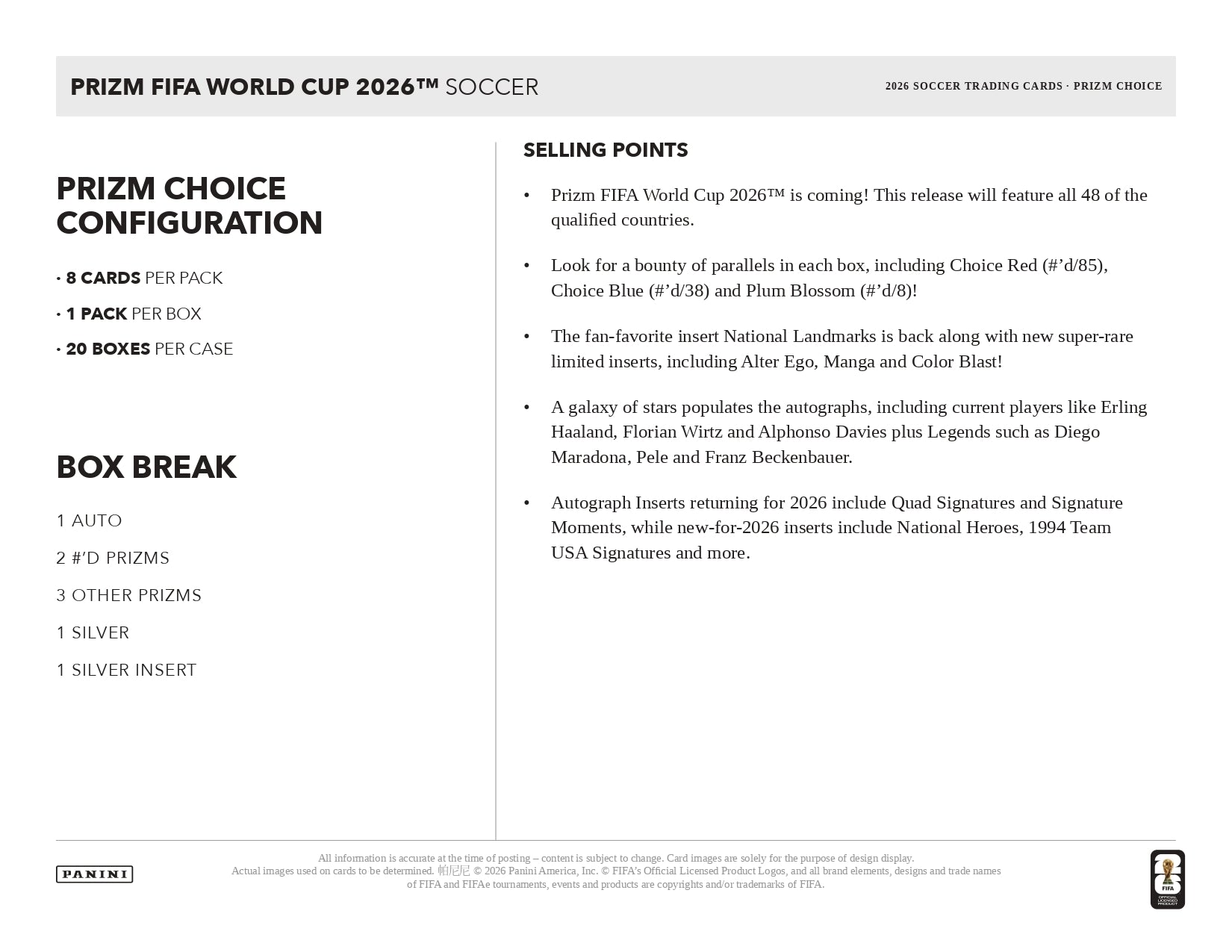 2026 Panini Prizm FIFA World Cup Choice Selling Points