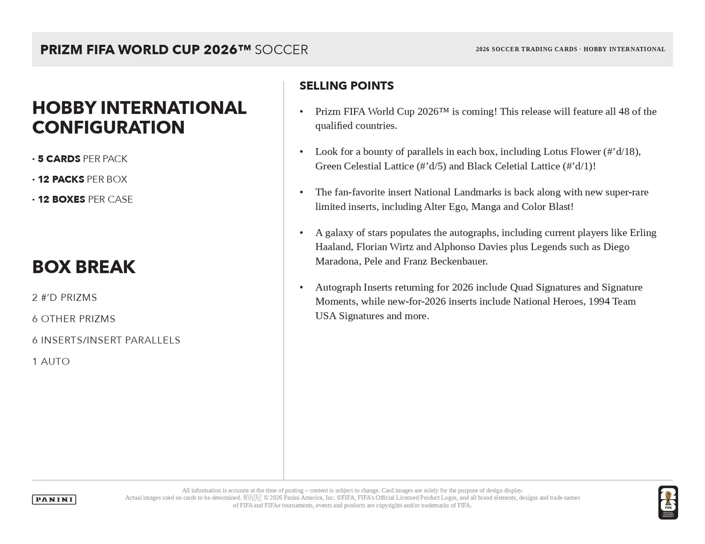 2026 Panini Prizm FIFA World Cup 2026 Hobby International Box Selling Poitns