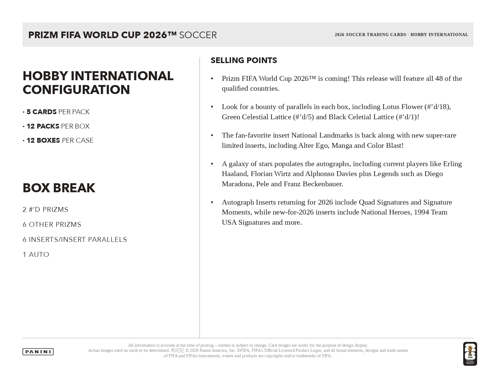 2026 Panini Prizm FIFA World Cup 2026 Hobby International Box Selling Poitns