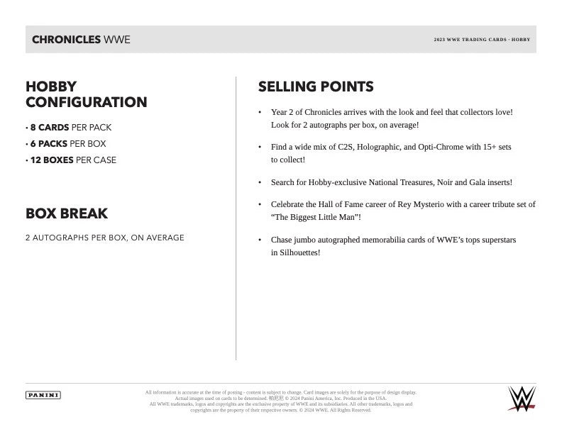 2023 Panini Chronicles WWE Hobby Box (6 pack per box, 8 kartu per pack) - 2 autograph per box