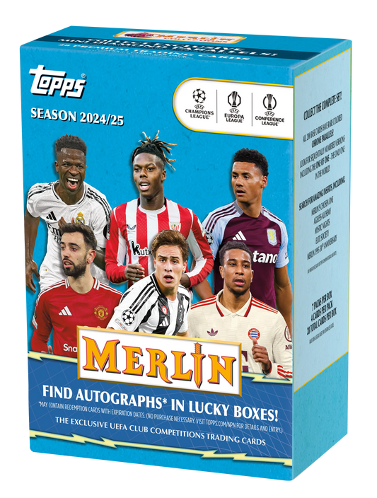 2024/25 Topps Merlin UCC Value Box (4 cards per pack, 7 Packs per box) 1 Base Card Refractor parallel and 2 Insert Cards