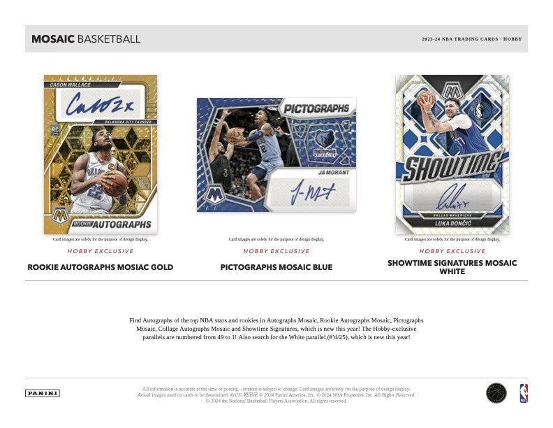 2023/24 Panini Mosaic Basketball Hobby Box (10 pack per box, 15 kartu per pack) - 1 autograph, 20 prizms, 20 inserts per box