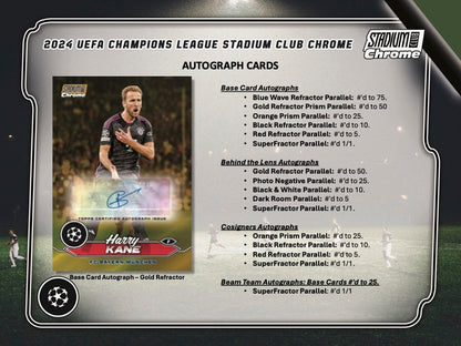 2023/24 Topps Stadium Club Chrome UEFA Club Competitions Hobby Box (20 pack / box, 6 kartu / pack) - 1 autograph card per box