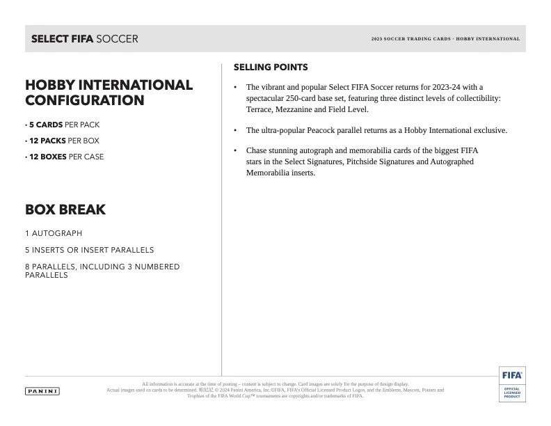 2023/24 Panini Select FIFA Hobby International Box (12 pack per box, 5 kartu per pack) - 1 autograph per box