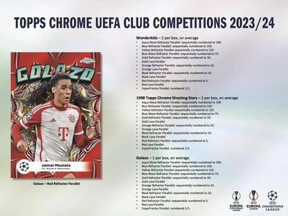 2023/24 Topps Chrome UEFA Club Competitions UCC Hobby Box (20 pack per box, 4 kartu per pack) - 1 Chrome Autograph & 12 Refractors/Parallels per Box