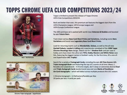 2023/24 Topps Chrome UEFA Club Competitions UCC Hobby Box (20 pack per box, 4 kartu per pack) - 1 Chrome Autograph & 12 Refractors/Parallels per Box